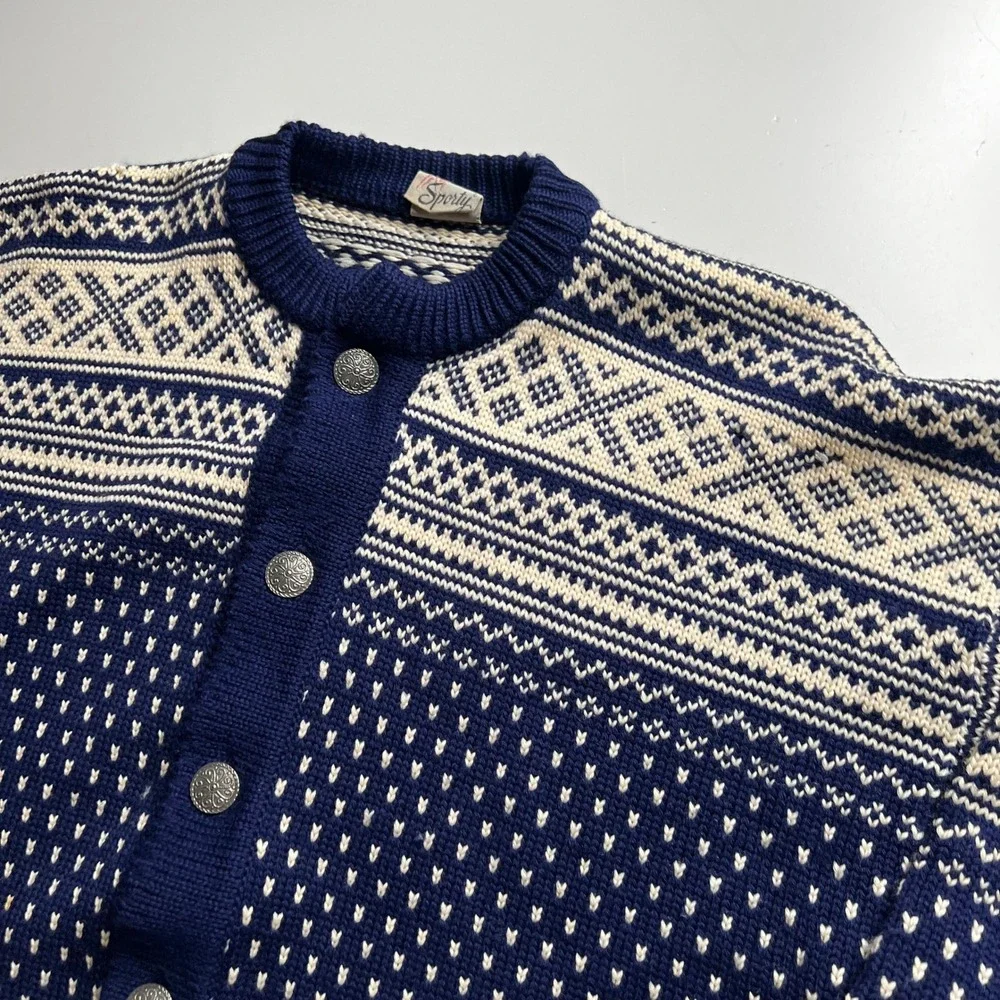 Vintage Sporty Olay Kvalitet Norwegian Wool Cardigan Navy‎ Blue Nordic Size 50